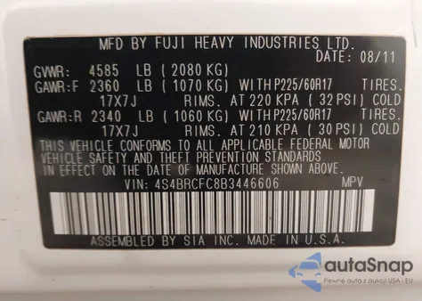 2011 Subaru Outback 2.5I Premium from USA, damaged, VIN 4S4BRCFC8B3446606